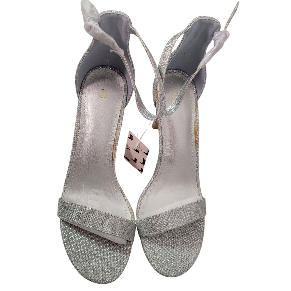 Qonetic Women's Silver Glitter Ankle Strap High Heels Stiletto Sandals Size 9.5 - Picture 3 of 14